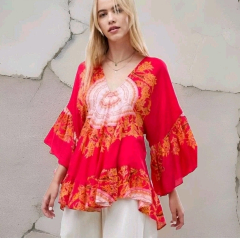Free People Vibrant Red and Gold Blouse
